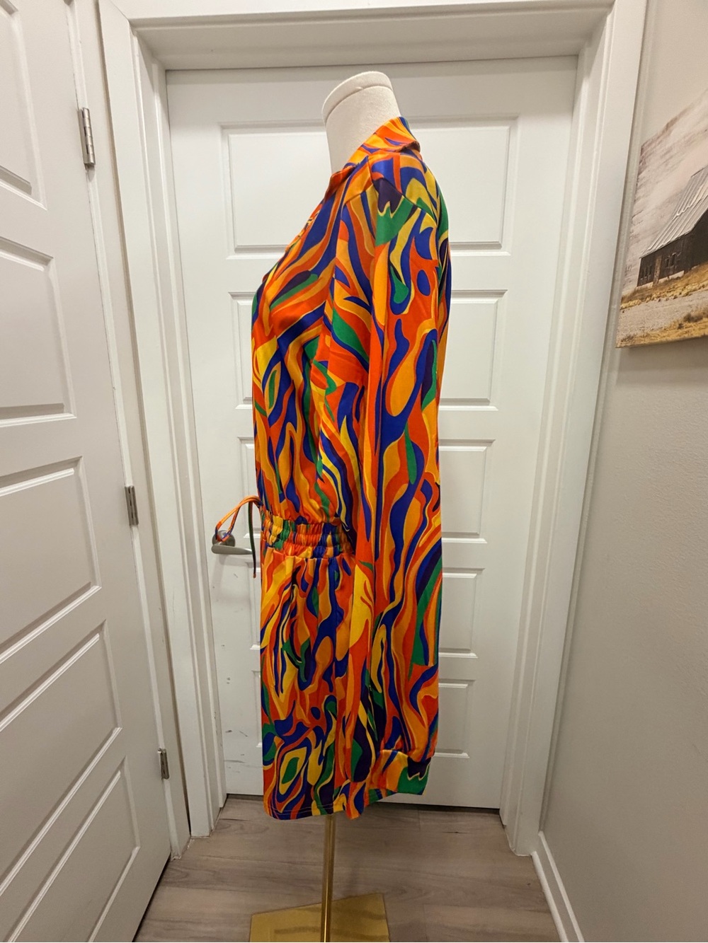 SOLD!!!! Vibrant Multi-Color Drawstring Waist Long-Sleeve Romper - Picture 5 of 7